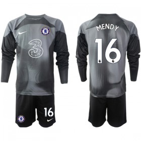 Chelsea MENDY 16 Målmand trøje Børn Sort 2022-23 Langærmet(+ Korte bukser)